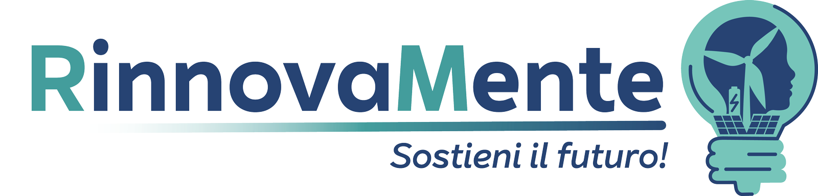 Il logo di RinnovaMente, con una lampadina, una turbina eolica, e il testo 'Sostieni il futuro!