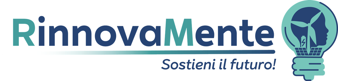 The logo of RinnovaMente, featuring a light bulb, a wind turbine, and the text 'Sostieni il futuro!
