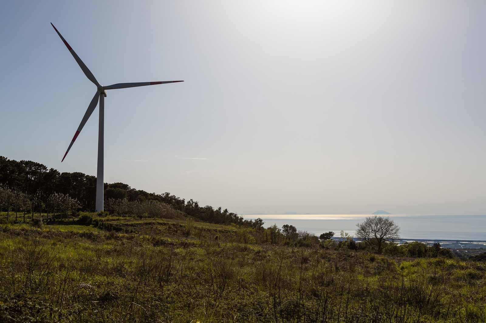 A wind turbine stands in a grassy field, overlooking a serene sea with distant islands under a bright sky.
