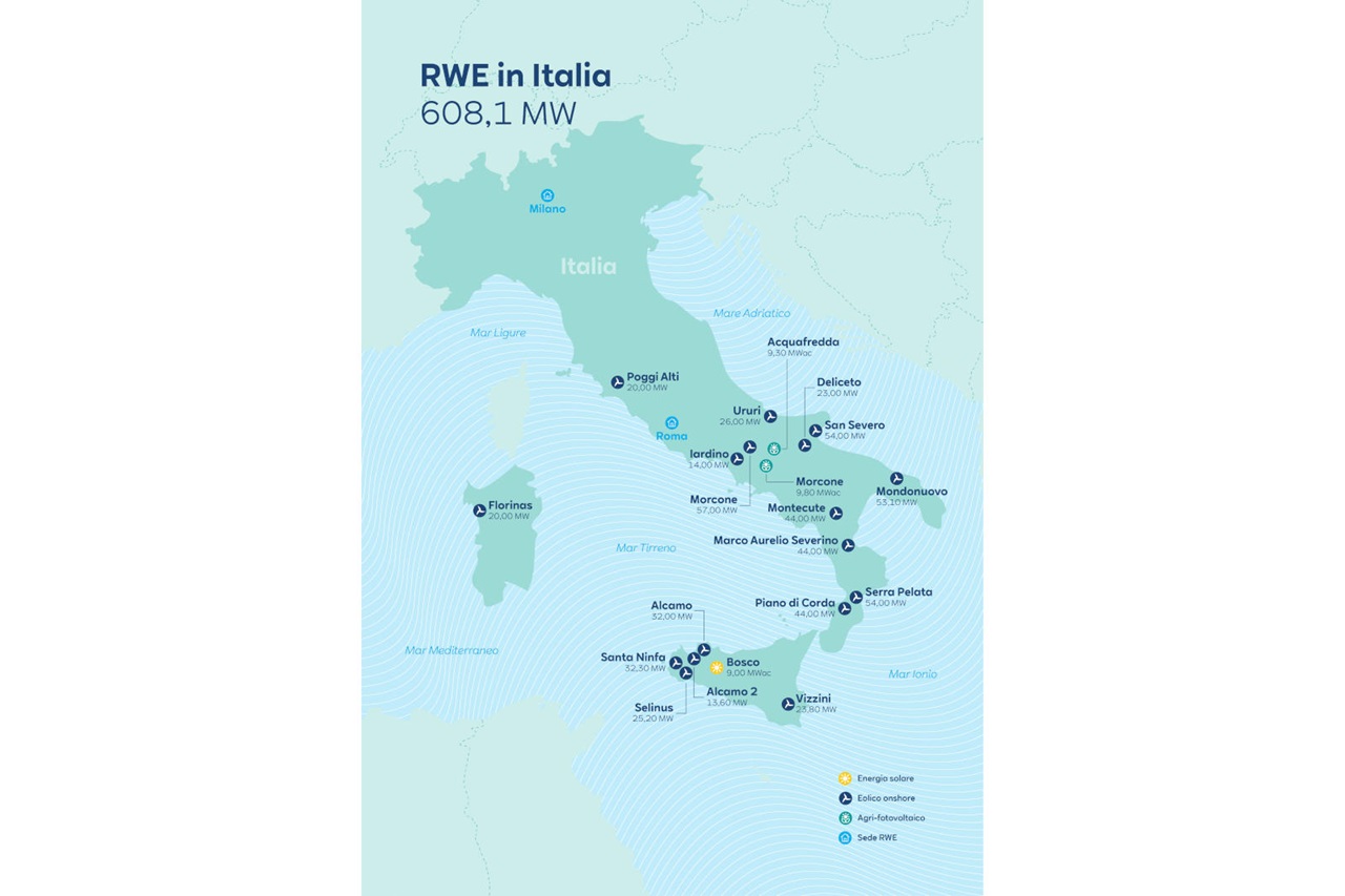 Una mappa d'Italia che mostra vari impianti eolici, le loro capacità e gli anni di esercizio.