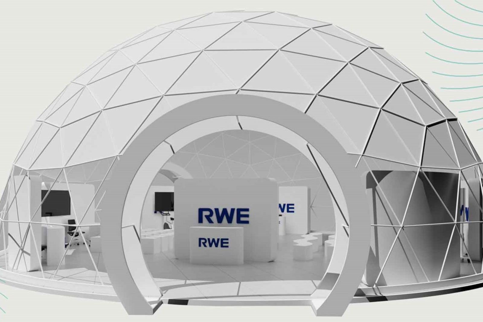 Una moderna struttura a cupola geodetica con un'area reception e posti a sedere, con un marchio RWE ben visibile.