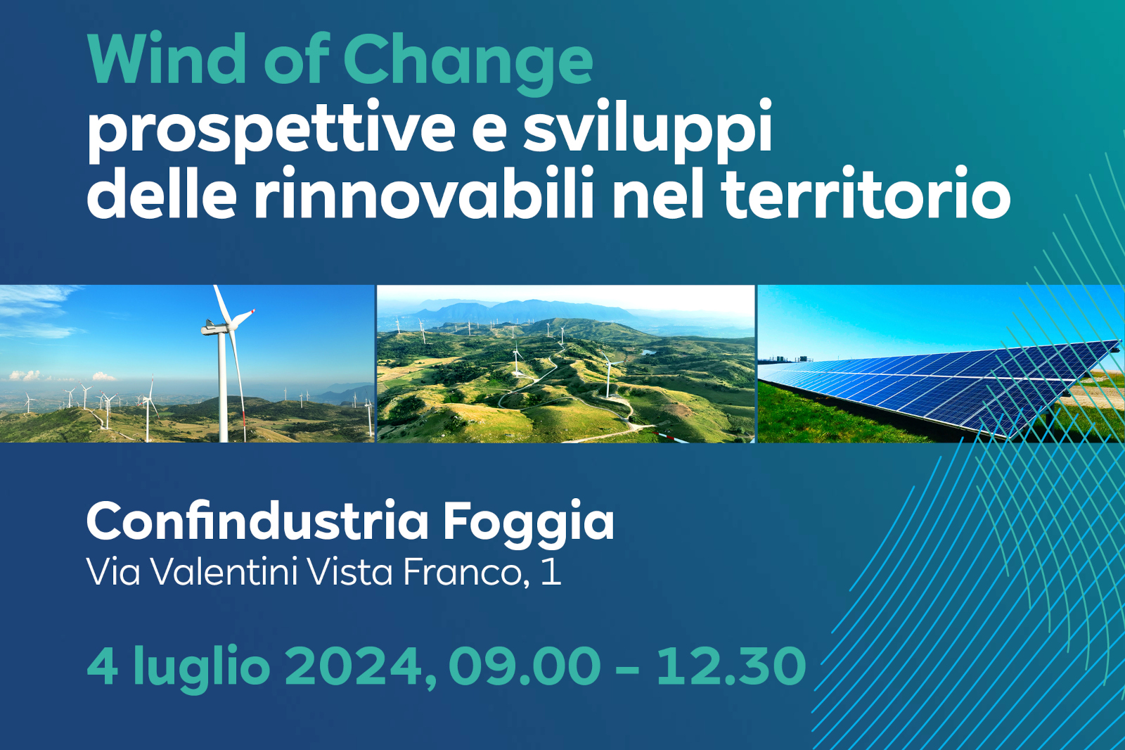 Volantino dell'evento 'Wind of Change', incentrato sugli sviluppi delle energie rinnovabili, programmato per il 4 luglio 2024 a Foggia.
