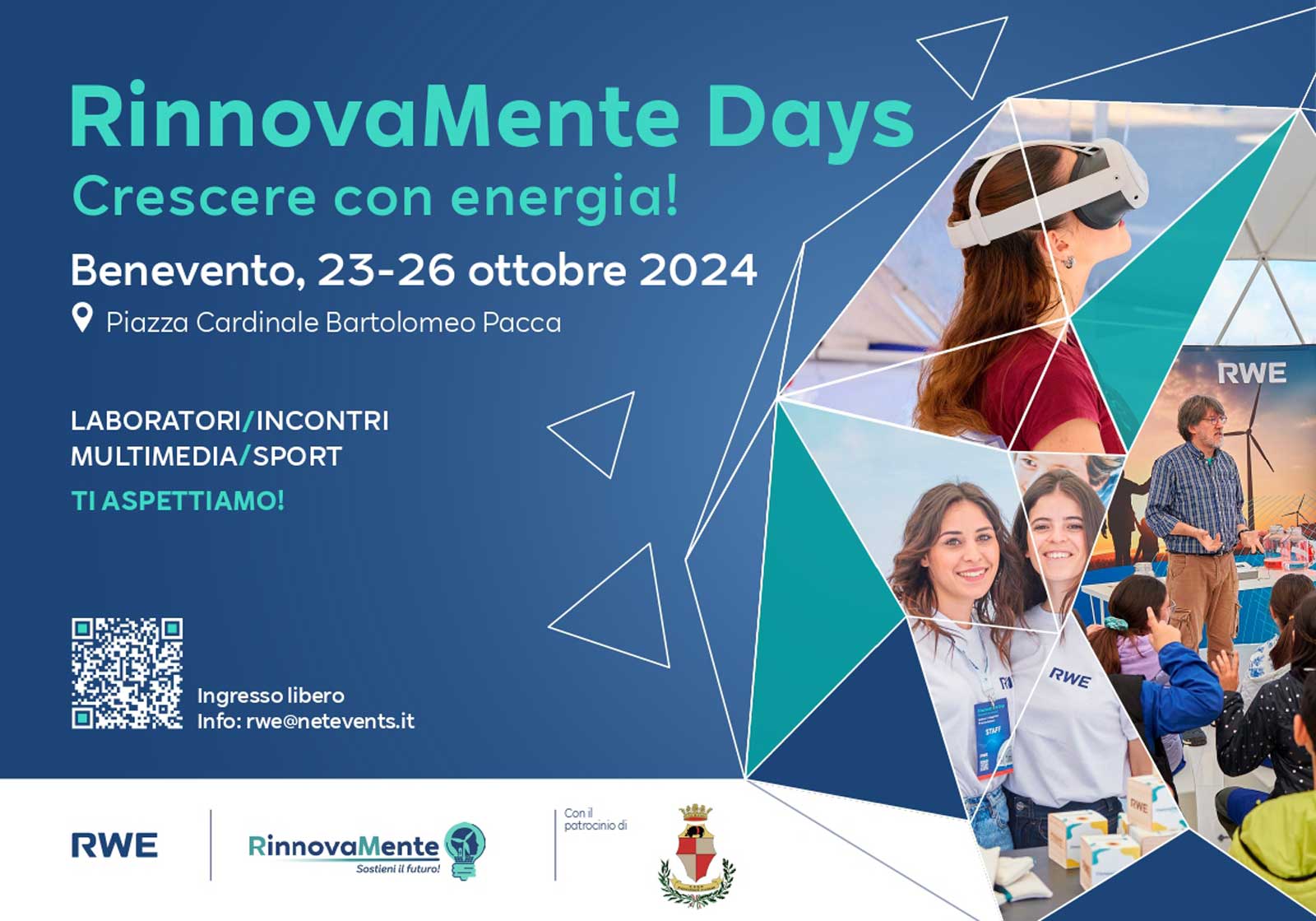 Manifesto dell'evento Rinnovamente Days che mostra attività a Benevento, Italia, dal 23 al 26 ottobre 2024, con QR code per informazioni.